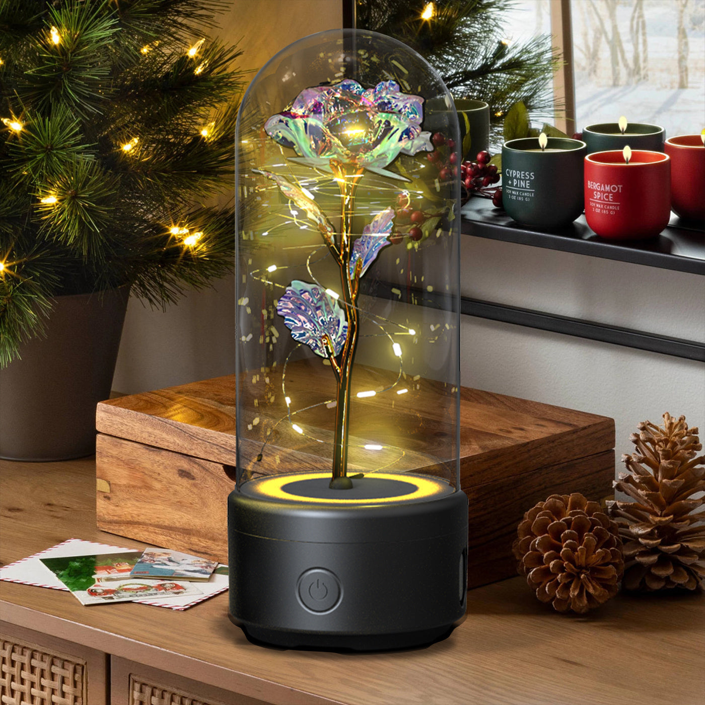 Eternal Rose Bluetooth Lamp – LED Galaxy Flower with Speaker in Glass Dome | Romantic Night Light Gift for Her Rose Flowers LED Light