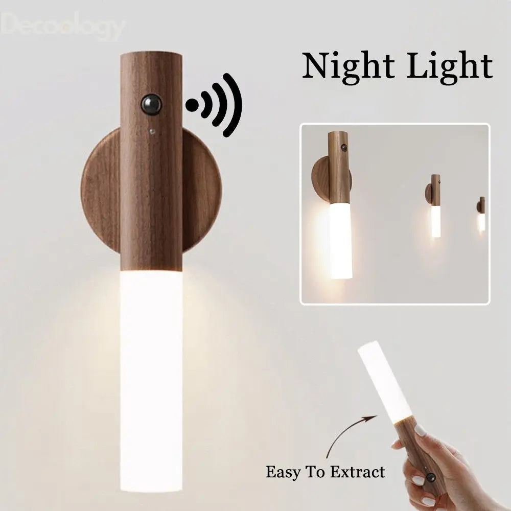 Magnetic Motion Sensor LED Night Light – USB Rechargeable | Wood Design for Hallways & Closets - Decoology