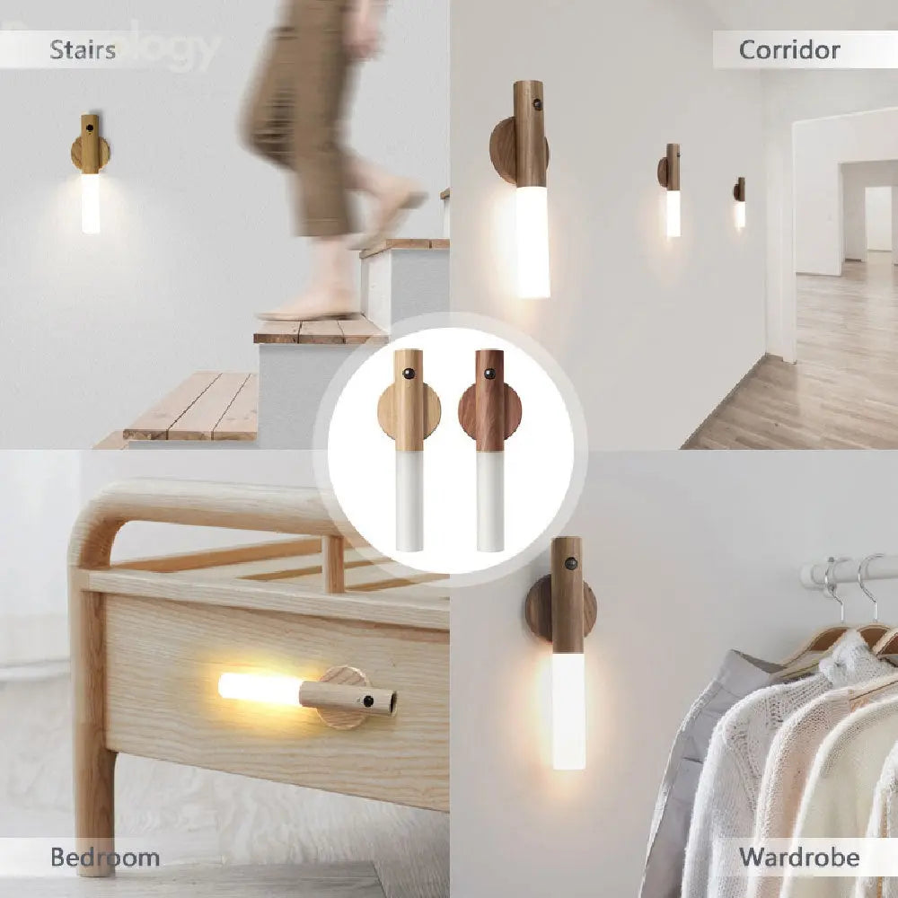 Magnetic Motion Sensor LED Night Light – USB Rechargeable | Wood Design for Hallways & Closets - Decoology