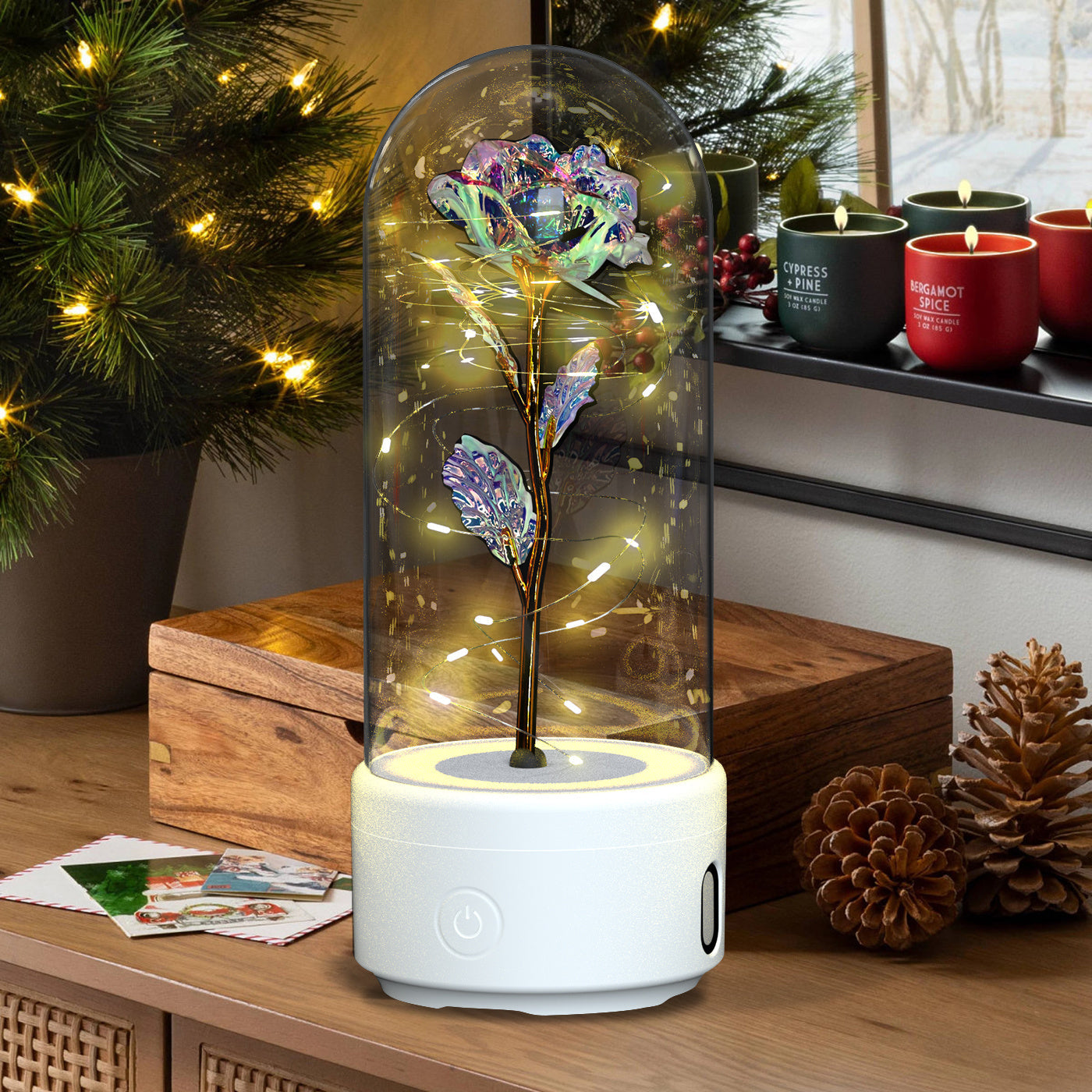 Eternal Rose Bluetooth Lamp – LED Galaxy Flower with Speaker in Glass Dome | Romantic Night Light Gift for Her Rose Flowers LED Light