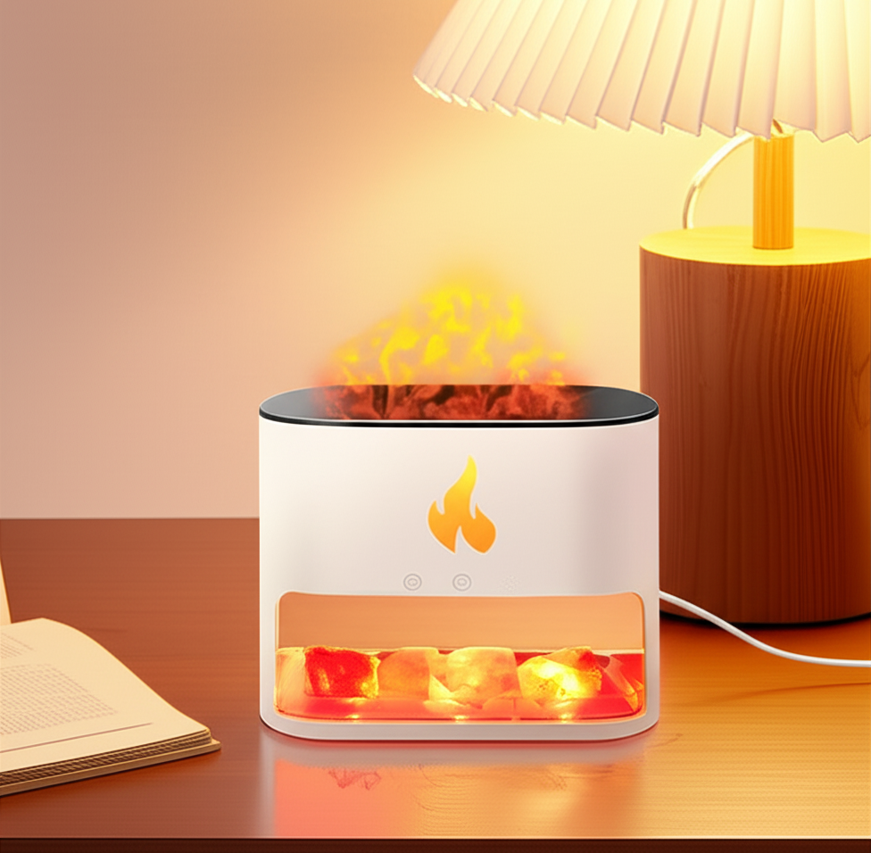3D Flame Humidifier with Himalayan Salt – LED Aroma Diffuser & Night Light Humidifier with Himalayan Salt