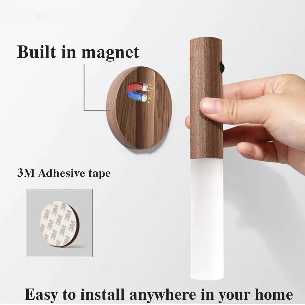 Magnetic Motion Sensor LED Night Light – USB Rechargeable | Wood Design for Hallways & Closets - Decoology