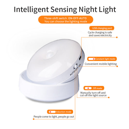 Smart 360° Motion Sensor LED Wall Light – Sleek USB Rechargeable Night Lamp for Modern Closets, Hallways & Garages Rotating Sensor Light